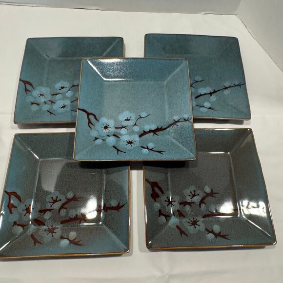 Pier 1 Tranquil Square Salad Plates 8" Stoneware Green Cherry Blossoms Set of 5 - Picture 3 of 10